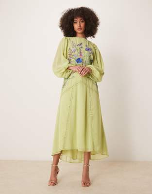 hope & ivy embellished high neck midi dress with blouson sleeves in lime