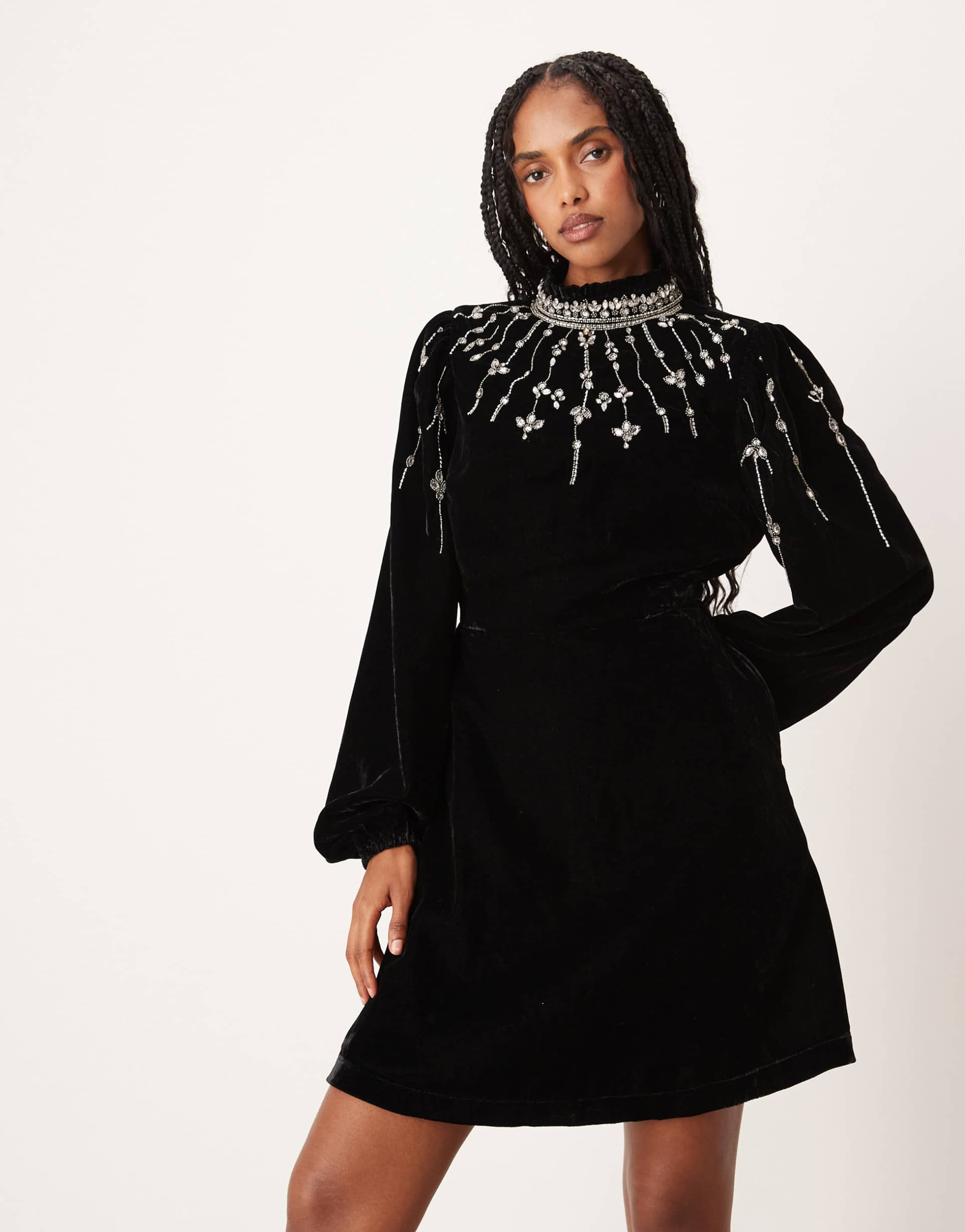 hope & ivy embellished high neck velvet mini dress in black