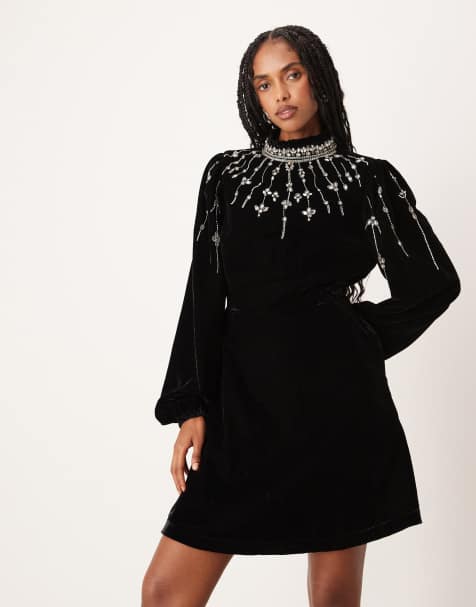 Hope & Ivy embellished high neck velvet mini dress in black