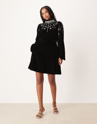 Hope & Ivy Embellished High Neck Velvet Mini Dress In Black