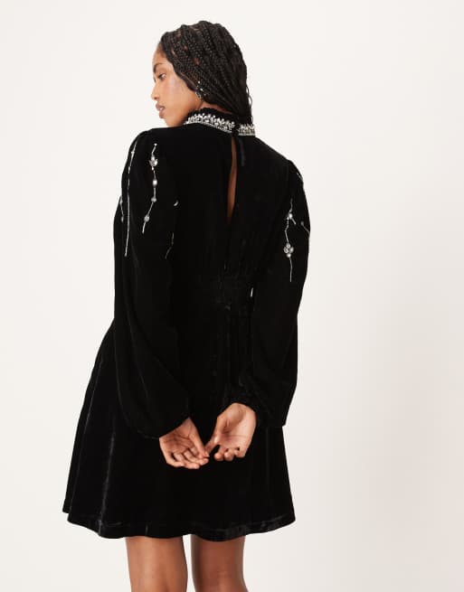 ivy velvet mini dress Hope & Ivy embellished high neck velvet mini dress in black