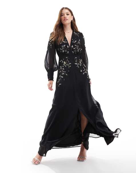 Hope & Ivy embellished maxi dress with long sleeves in black 