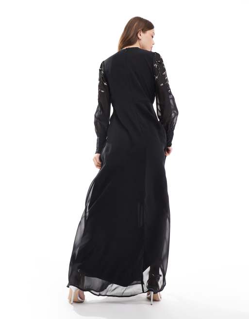 Hope & Ivy embellished maxi dress with long sleeves in black , 3 of 4