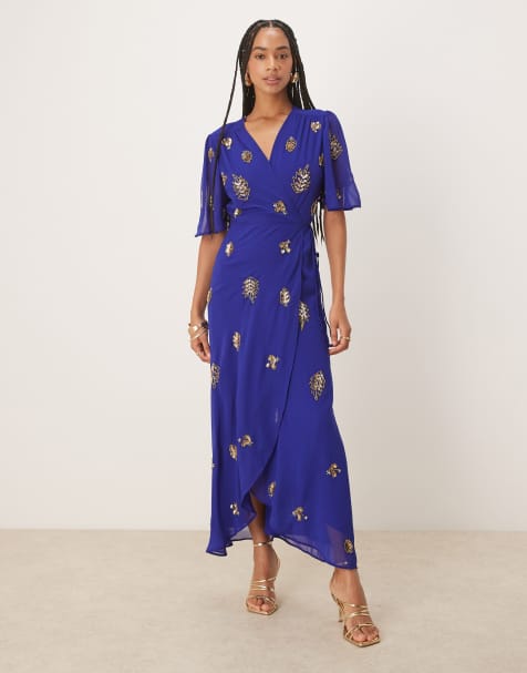 Hope & Ivy embellished maxi wrap dress in cobalt blue