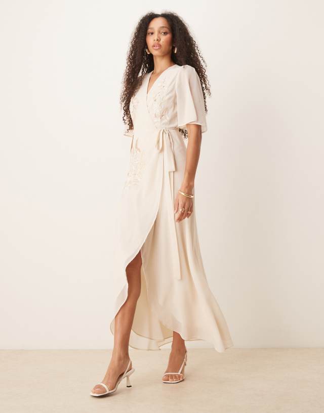 Hope & Ivy embellished maxi wrap dress in ivory | ASOS