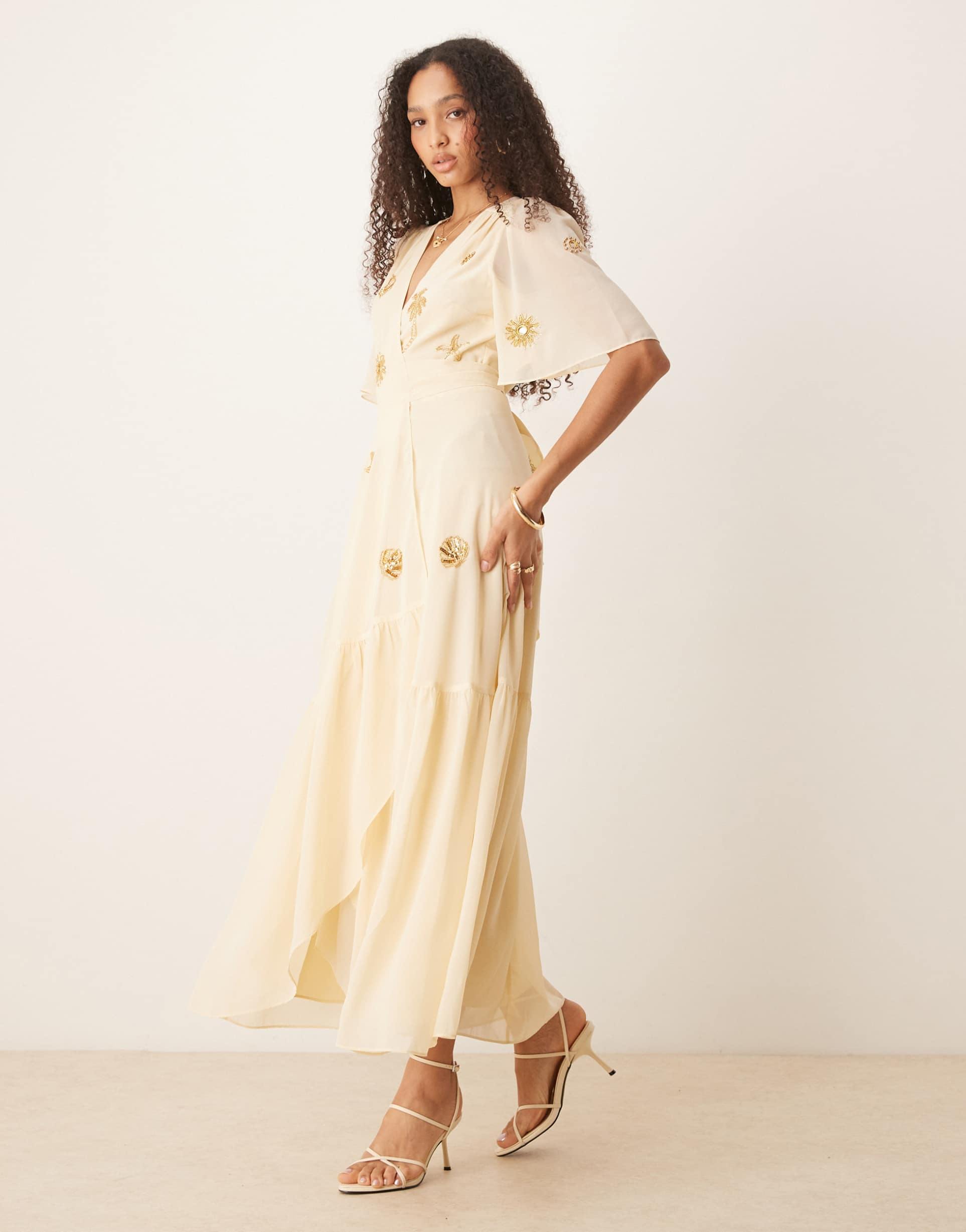 hope & ivy embellished maxi wrap dress in pale buttermilk