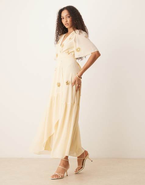 Hope & Ivy embellished maxi wrap dress in pale buttermilk