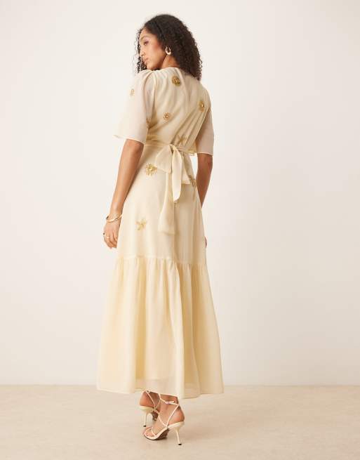 Hope & Ivy embellished maxi wrap dress in pale buttermilk, 3 of 4