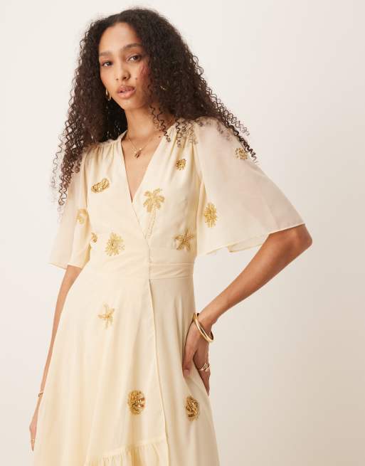 Hope & Ivy embellished maxi wrap dress in pale buttermilk, 4 of 4