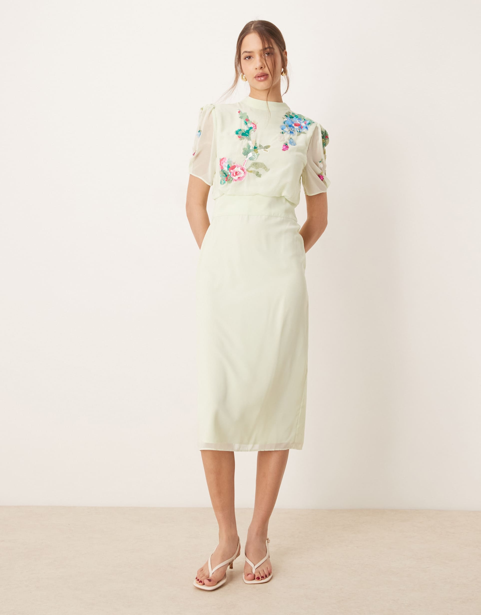 hope & ivy embellished midi dress with bow back in mint green