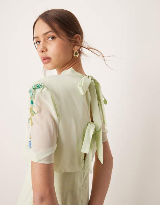 Hope & Ivy embellished midi dress with bow back in mint green