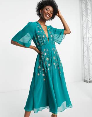 Hope & Ivy Embellished Midi Tea Dress In Emerald Green Star | ModeSens