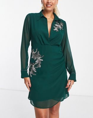 Hope & Ivy embellished mini shirt dress in emerald