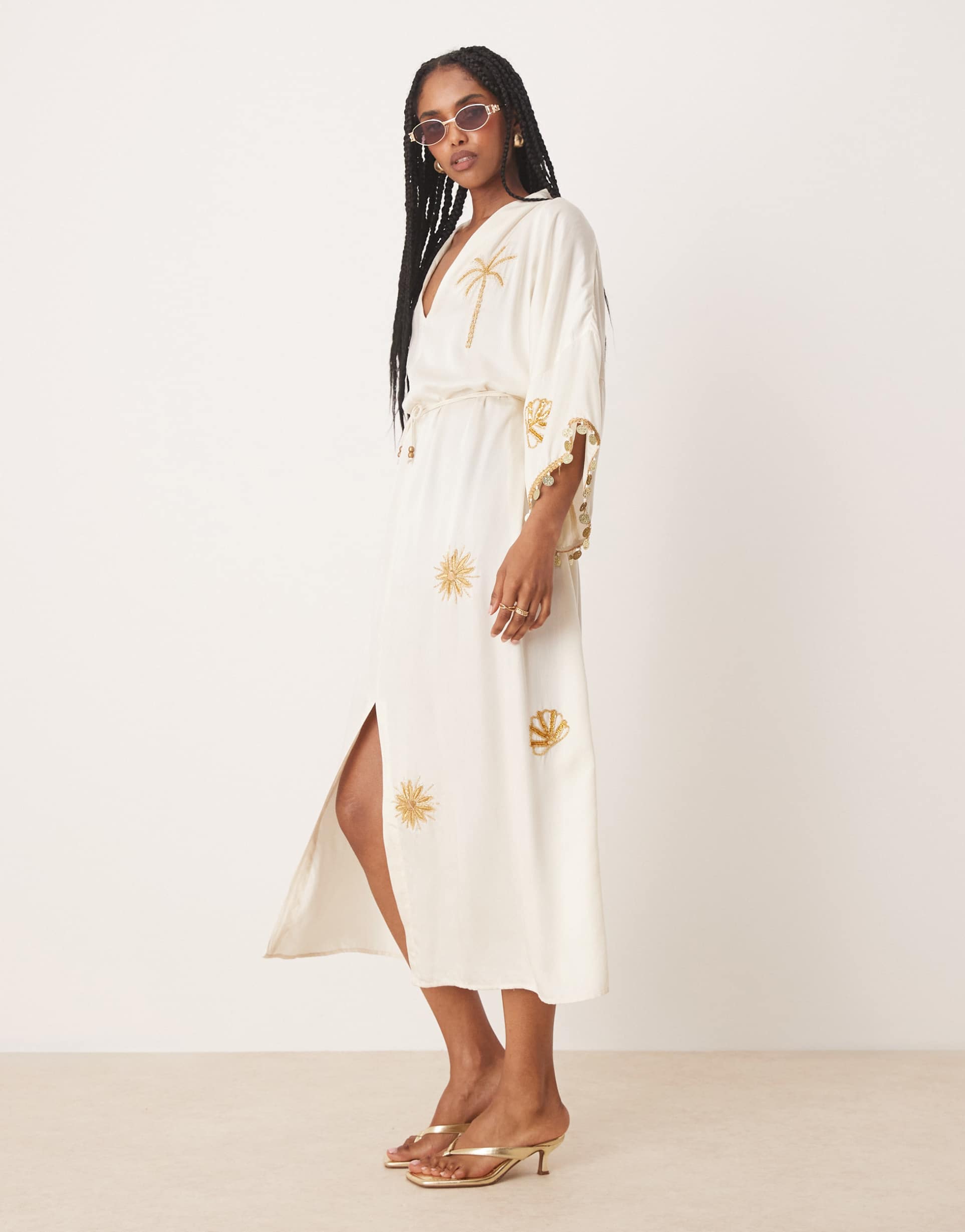 hope & ivy embellished tie waist kimono inspired wrap midi dress in ivory