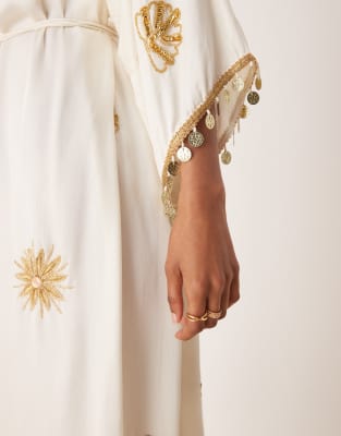 Hope & Ivy Embellished Tie Waist Kimono Inspired Wrap Midi Dress In White