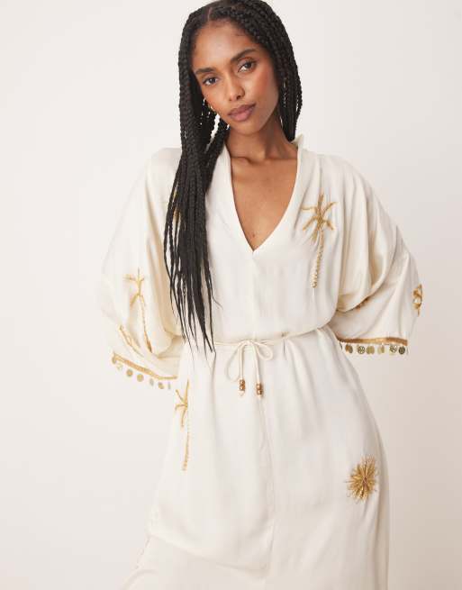 Hope Ivy embellished tie waist kimono wrap midi dress in ivory