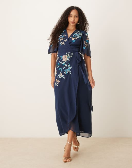 Hope & Ivy embellished wrap front maxi dress in navy