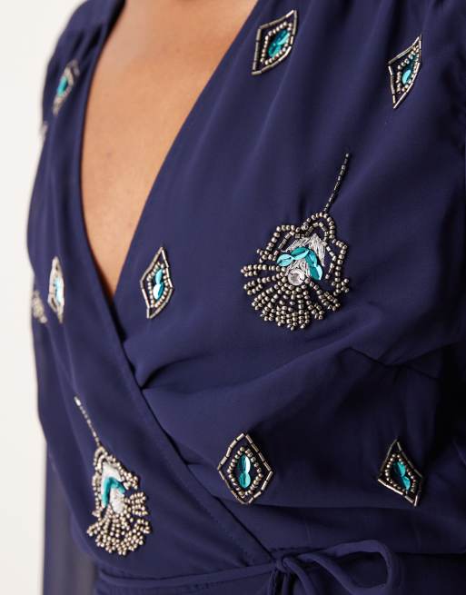 Hope & Ivy embellished wrap front maxi dress in navy