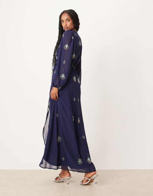 Hope & Ivy embellished wrap front maxi dress in navy