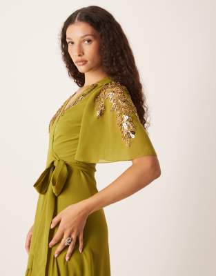 Hope & Ivy Embellished Wrap Front Maxi Dress In Green