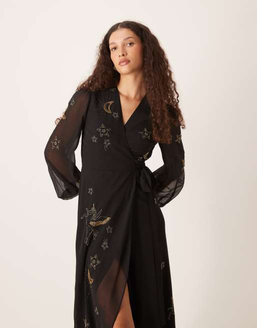 Hope & Ivy embellished wrap maxi dress in black and gold, 2 of 4