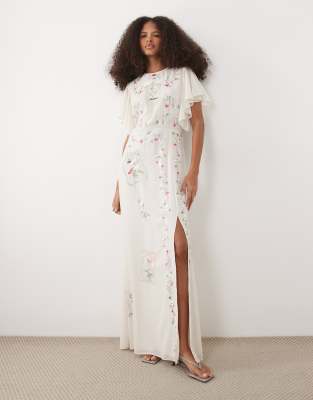 Hope & Ivy embroidered cut-out back maxi dress with flutter sleeves in white