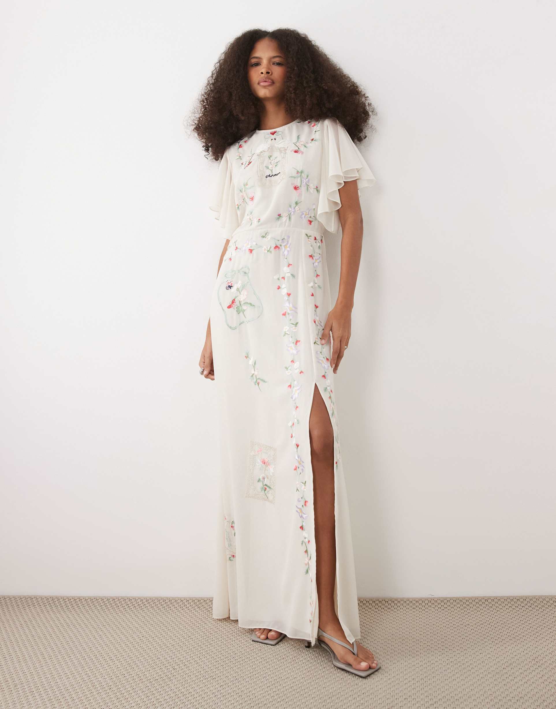 hope & ivy embroidered cut-out back maxi dress with flutter sleeves in white