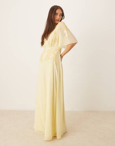 Hope & Ivy embroidered floral capped sleeve maxi dress in buttermilk yellow
