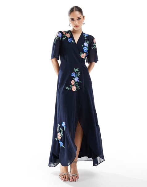 Hope & Ivy embroidered flutter sleeve maxi wrap dress with tie waist in navy - view 1
