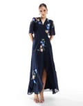 [Hope & Ivy] Hope & Ivy embroidered flutter sleeve maxi wrap dress with tie waist in navy 12 Navy