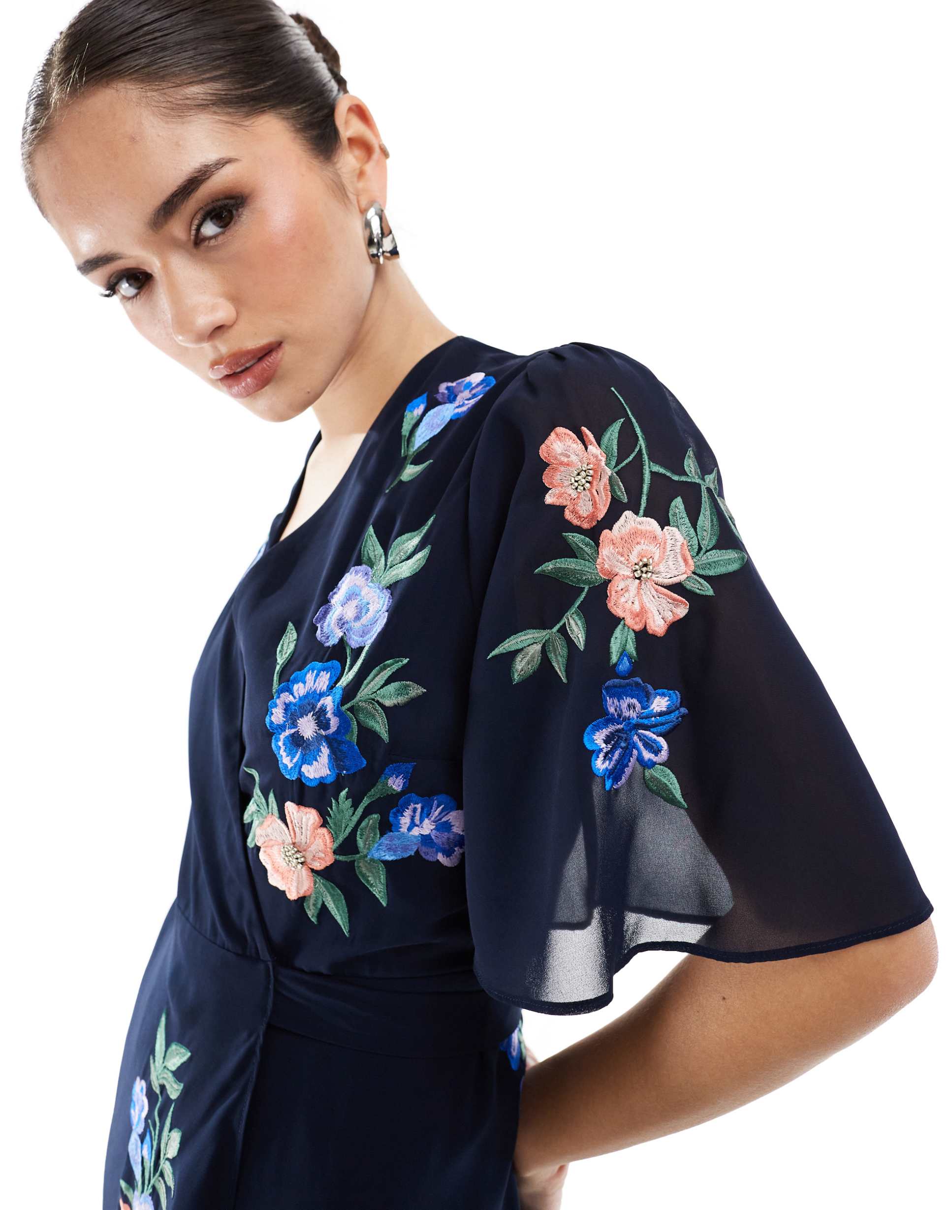 hope & ivy embroidered flutter sleeve maxi wrap dress with tie waist in navy