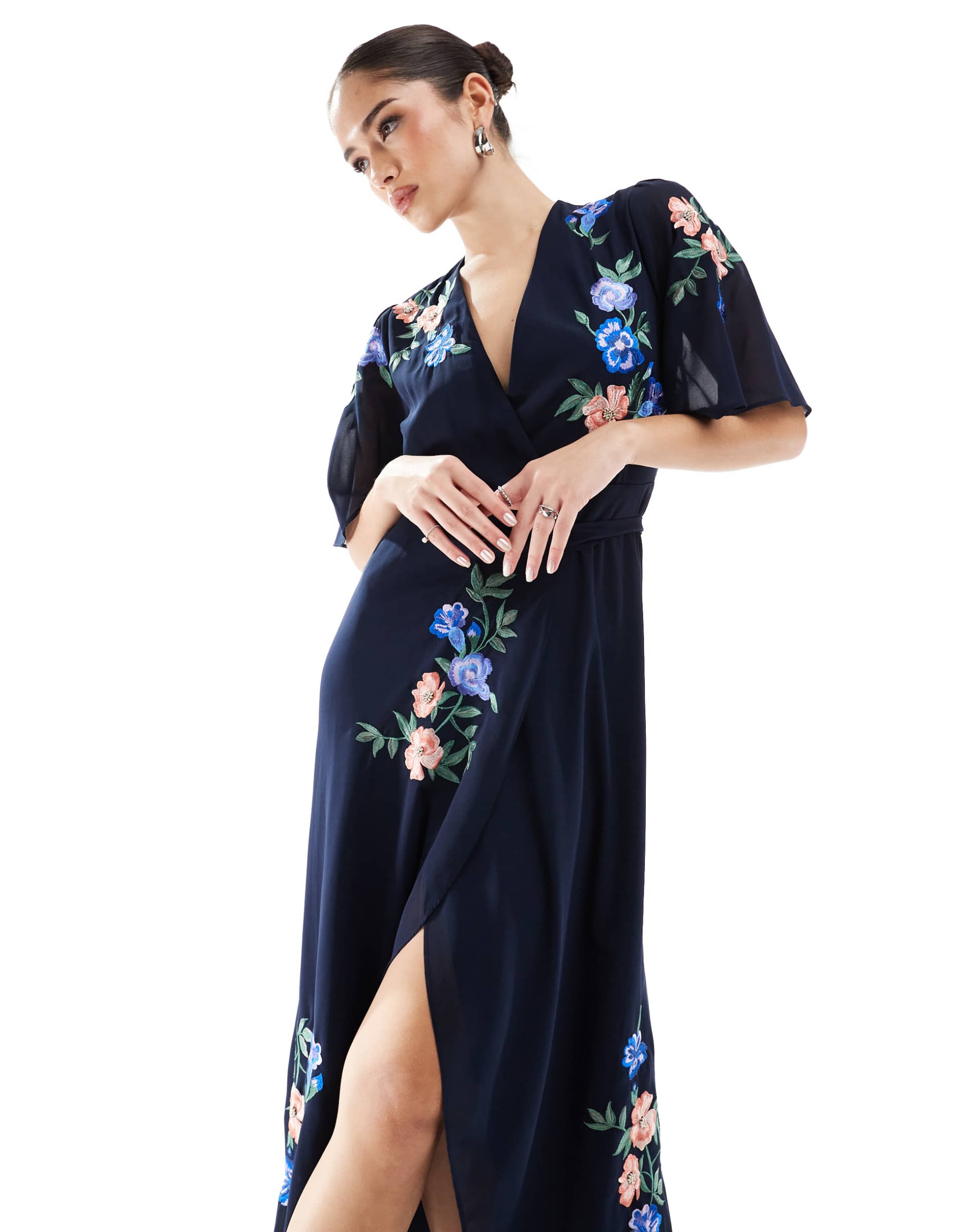 hope & ivy embroidered flutter sleeve maxi wrap dress with tie waist in navy