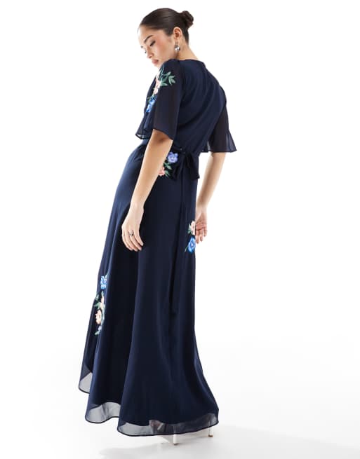 Hope & Ivy embroidered flutter sleeve maxi wrap dress with tie waist in navy, 4 of 4