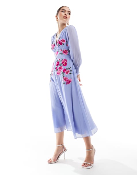 Hope & Ivy embroidered long sleeve button front midi dress in lilac - view 1