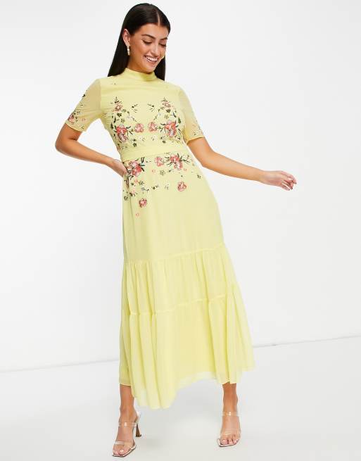 Asos yellow cheap embroidered dress