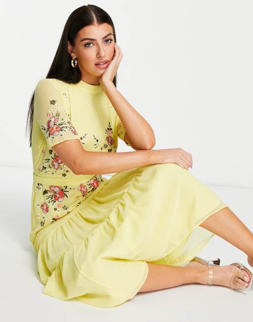 Asos yellow cheap embroidered dress