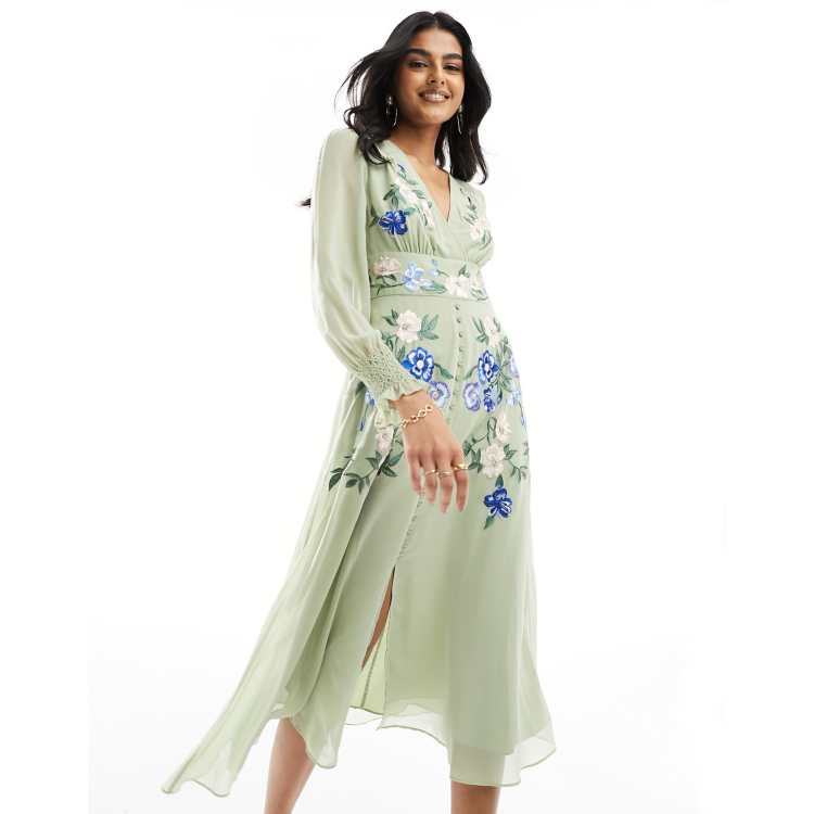 Hope and ivy embroidered midi dress with ruched sleeves best sale