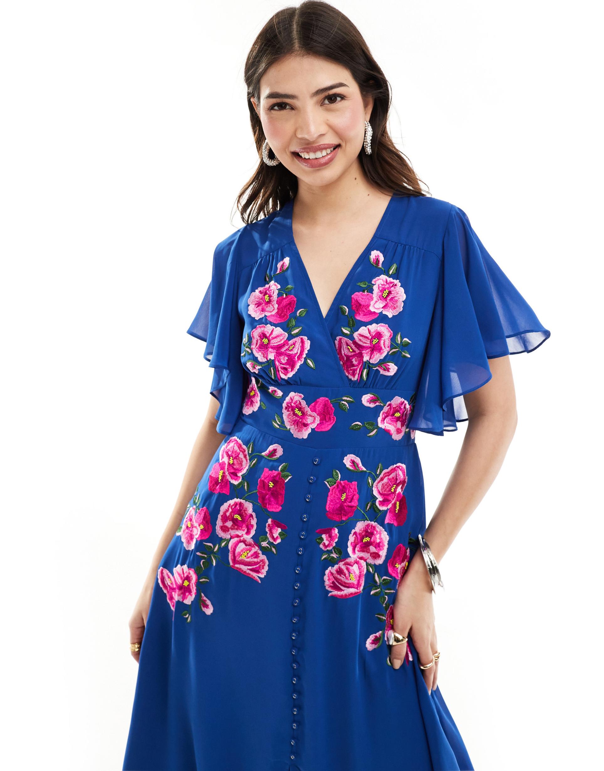 hope & ivy embroidered midi dress with floaty sleeves in blue