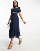 Hope Ivy Maternity embroidered open back midi dress in navy ASOS