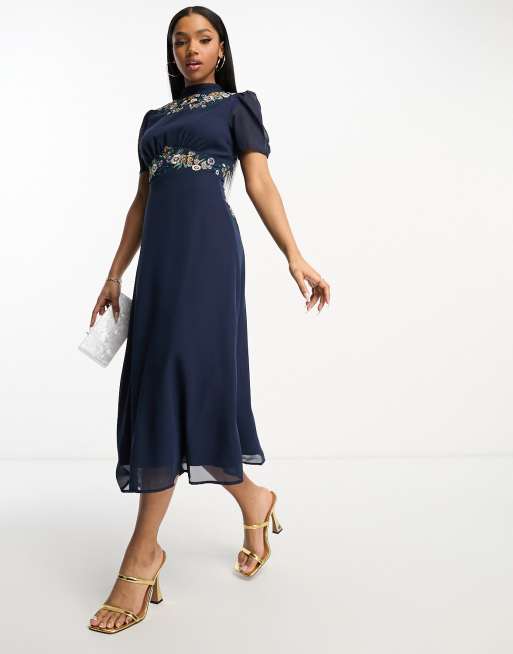 Hope Ivy embroidered open back midi dress in navy