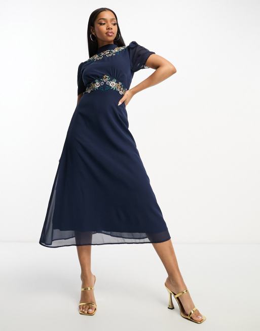 Hope Ivy embroidered open back midi dress in navy