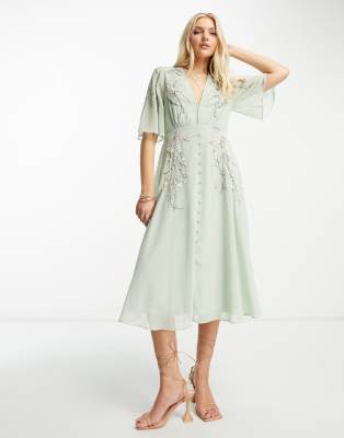 Hope & Ivy Embroidered Plunge Flutter Sleeve Midi Dress In Sage-green