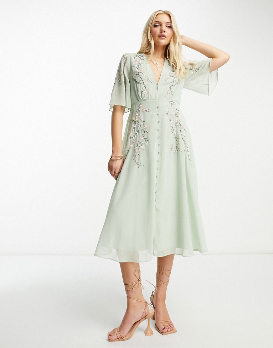 Hope & Ivy embroidered plunge flutter sleeve midi dress in sage-Green