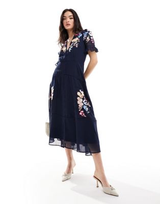 embroidered plunge front midi dress in navy