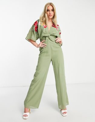 Hope & Ivy Embroidered Plunge Wide Leg Jumpsuit In Olive Green