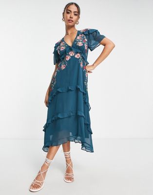 Hope & Ivy embroidered ruffle midi dress in emerald - ASOS Price Checker