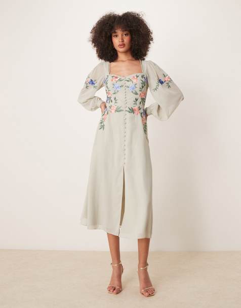 Hope & Ivy embroidered square neck open back midi dress in sage - view 1