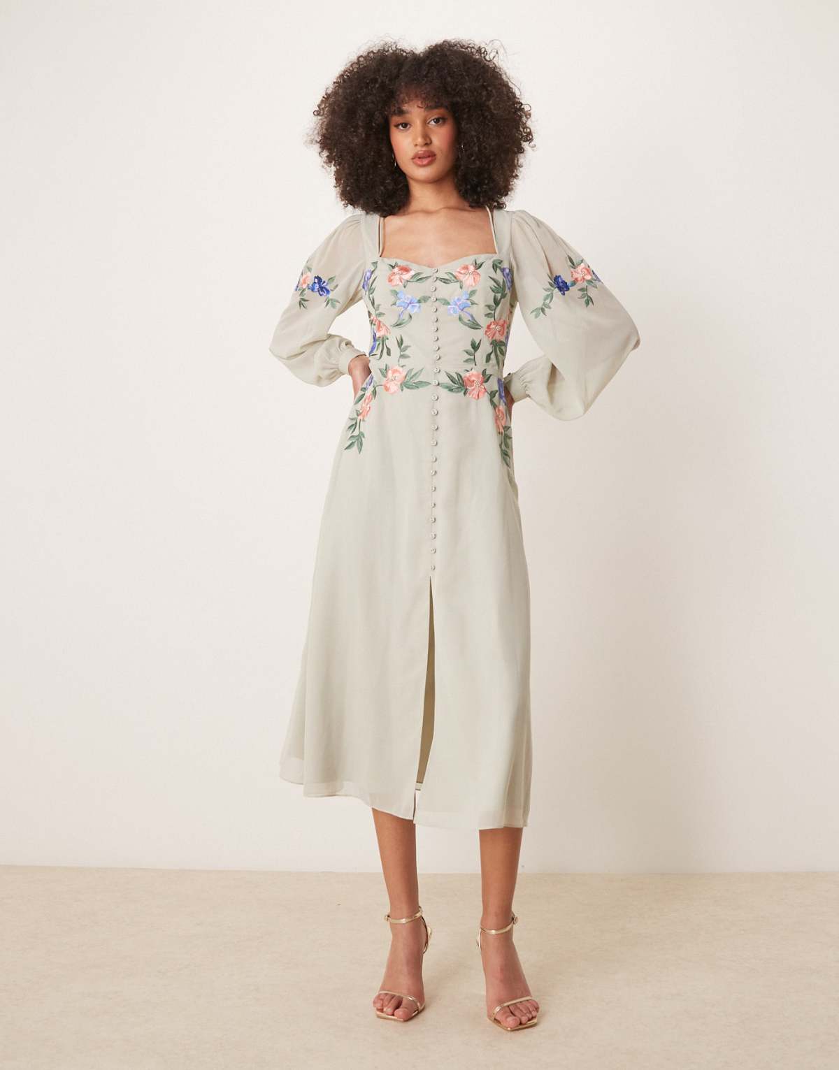 Hope & Ivy embroidered square neck open back midi dress in sage