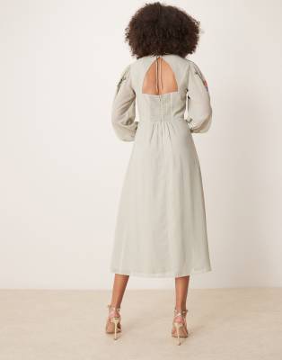 Hope & Ivy Embroidered Square Neck Open Back Midi Dress