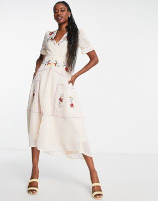 Hope & Ivy Embroidered Tea Midaxi Dress In Cream Floral-white